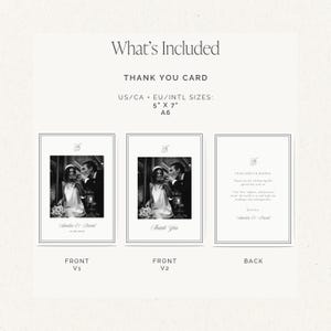 Internation thank you card sizes: 5 inc x 7 inch and A6. Two wedding thank you card front design options, one customizable thank you note on the back