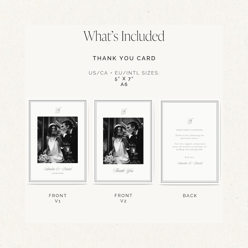 Internation thank you card sizes: 5 inc x 7 inch and A6. Two wedding thank you card front design options, one customizable thank you note on the back