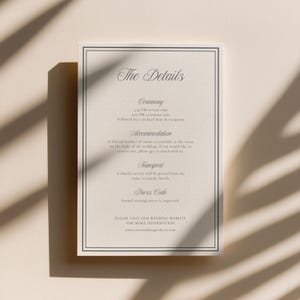 Wedding details card template with clean typography and modern editorial design