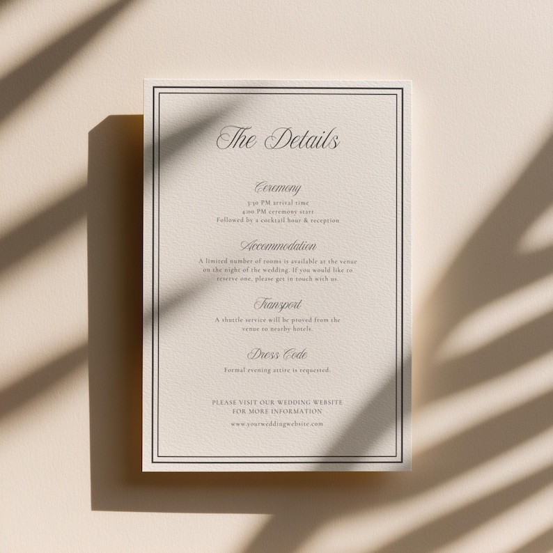 Wedding details card template with clean typography and modern editorial design