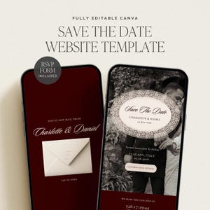 Burgundy Old Money Digital Save the Date Website Template | Classic Vintage Canva Wedding Website