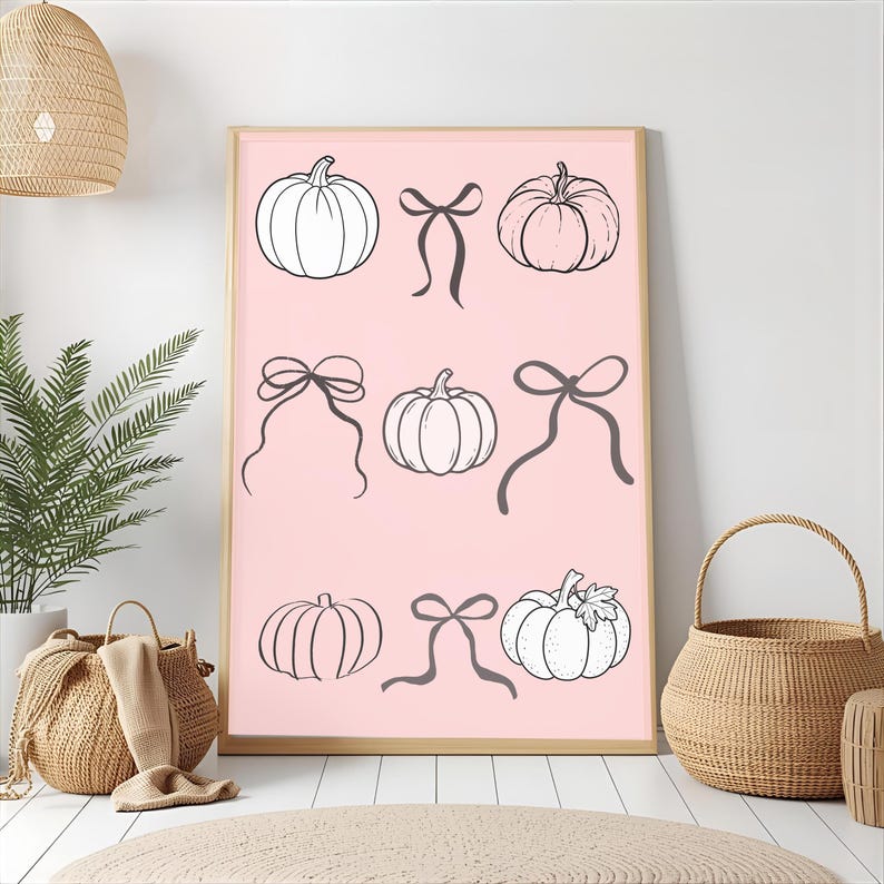 Pink Pumpkin Bow Poster, Cute Fall Wall Art Print, Girly Autumn Nursery ...