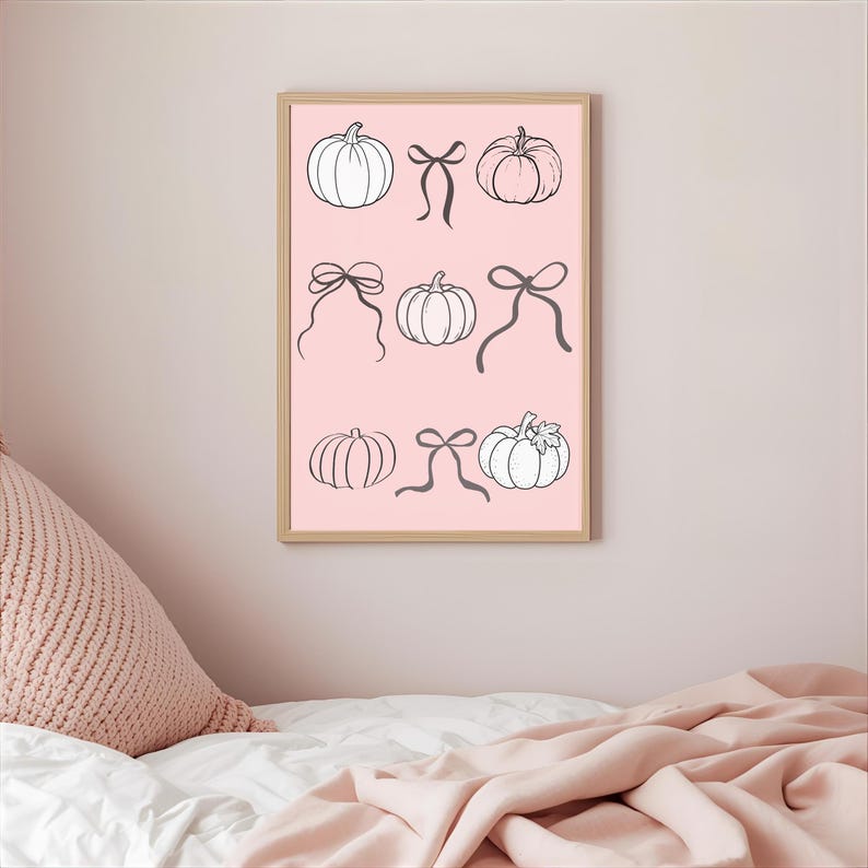 Pink Pumpkin Bow Poster, Cute Fall Wall Art Print, Girly Autumn Nursery ...