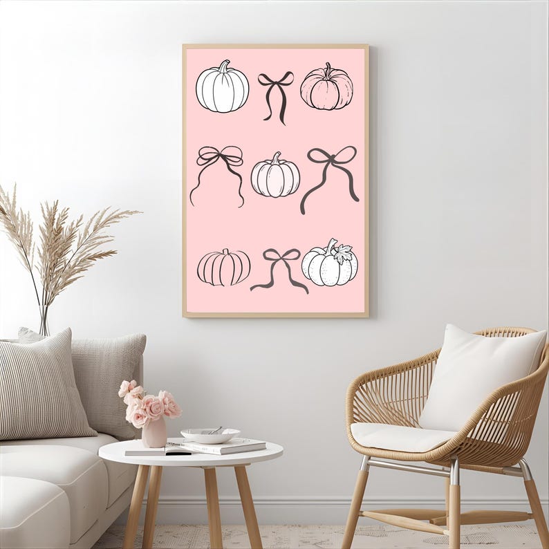 Pink Pumpkin Bow Poster, Cute Fall Wall Art Print, Girly Autumn Nursery ...