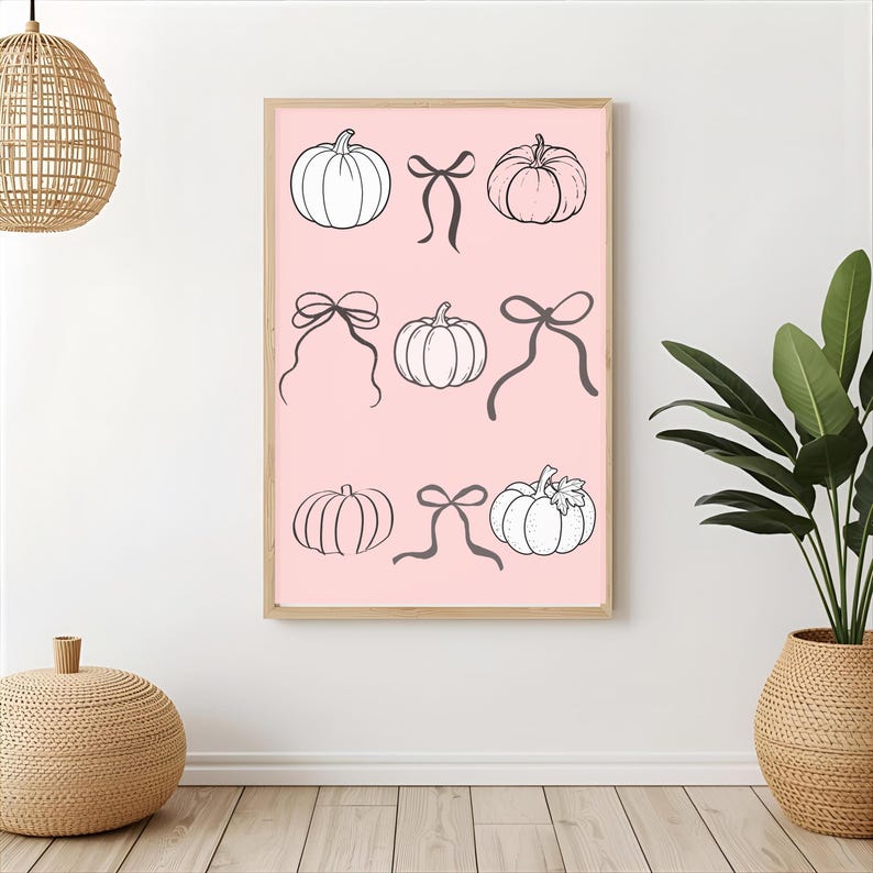 Pink Pumpkin Bow Poster, Cute Fall Wall Art Print, Girly Autumn Nursery ...