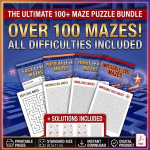 Könnte beinhalten: Ein digitales Labyrinth-Puzzle-Paket mit über 100 Labyrinthen in den Schwierigkeitsgraden einfach, mittel, schwer und unmöglich. Das Set enthält druckbare Seiten im Standardformat 21,6x27,9 cm, Lösungen und einen sofortigen digitalen Download.