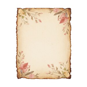 Könnte beinhalten: Ein Papier im Vintage-Stil mit zerrissenen Kanten und floralen Eckakzenten. Das Papier hat einen beigefarbenen Hintergrund mit Aquarellblumen in Rosa, Gelb und Grün. Die Ränder sind dunkler braun, was ihm ein gealtertes Aussehen verleiht.