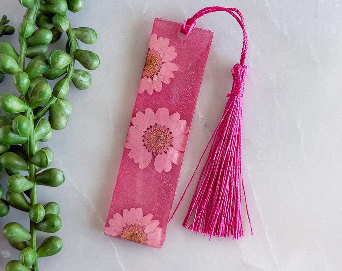 Pink Petal Bookmark with Tassel, Floral Resin Bookmark
