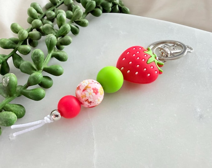 Strawberry Silicone Bead Keyring, Fruit Keychain, Teacher Gift, Fun Bag Charm, Handmade