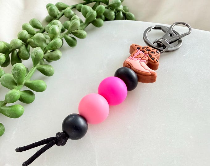Cowgirl Boot Silicone Bead Keyring, Pink Cowgirl Keychain, Country Western Gift for Her, Cute Bag Charm