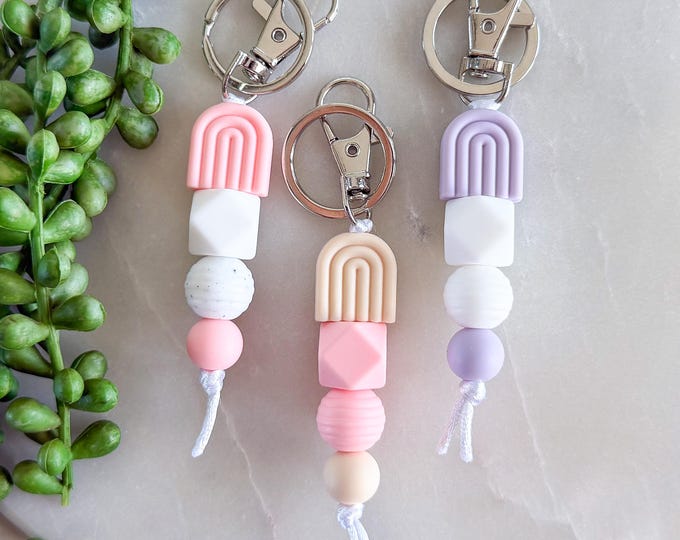 Rainbow Silicone Bead Keyring, Pastel Rainbow Keychain