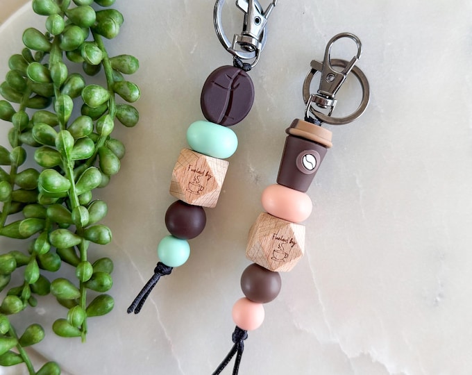 Coffee Cup Silicone Bead Keyring, Fuelled By Coffee Keychain, Gift for Mum