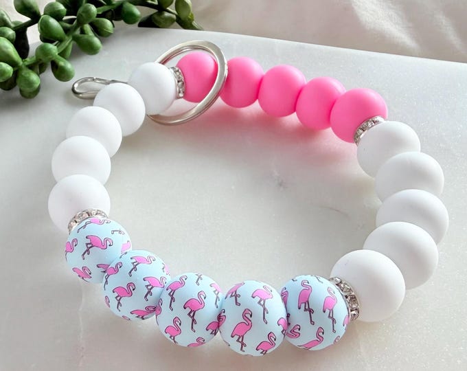 Flamingo Silicone Bead Keyring, Pink & White Wristlet Keychain, Cute Summer Gift for Her, Handmade Beaded Key Ring
