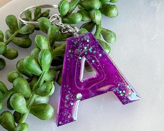 Personalised Resin Keyring, Amethyst Initial Keychain
