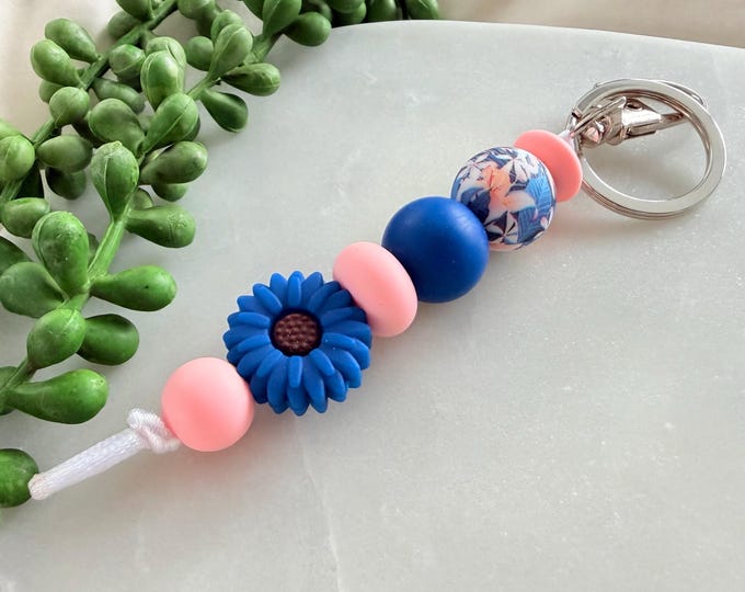 Blue Daisy Silicone Bead Keyring, Handmade Keychain