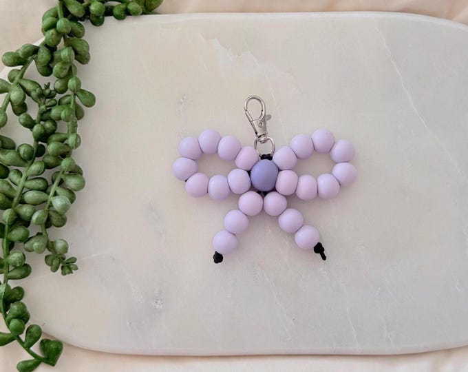 Handmade Silicone Bead Keyring, Lilac Bow Keychain