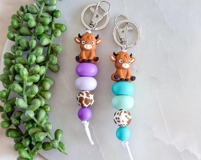 Highland Cow Silicone Bead Keyring, Country Western Keychain, Moo Meadow, Gift for Mum