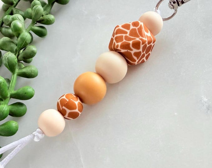 Giraffe Print Silicone Bead Keyring, Neutral Brown Keychain, Gift for Mum, Handmade Bag Charm