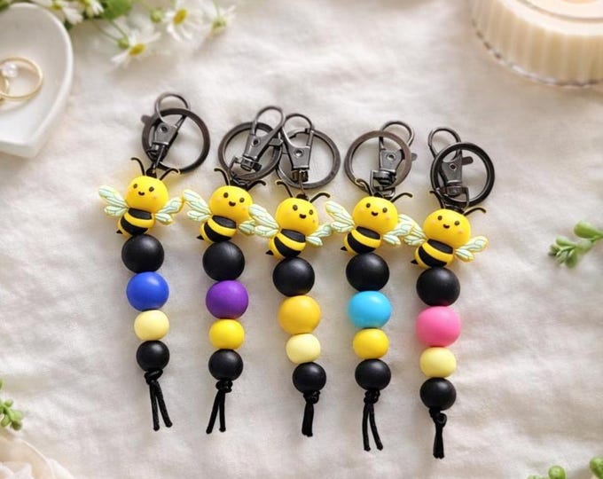 Bee Silicone Bead Keyring, Bumblebee Keychain, Teacher Gift, Cute Bee Keyring, Bag Charm, Busy Bee Collection