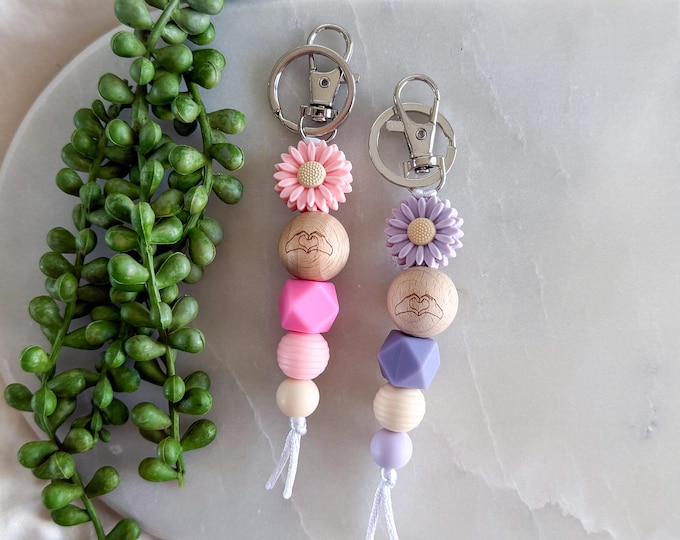 Heart Hands Daisy Silicone Bead Keyring, Love Hands Keychain, Gift for Her