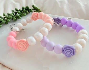 Silicone Bead Wristlet Keychain, Pastel Rose Bracelet Keyring, Hands-Free Key Holder, Gift for Her