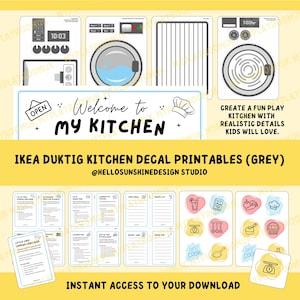 May include: A digital print of a grey IKEA Duktig kitchen decal set. The image shows toy kitchen appliances, recipe cards, and a sign saying "Welcome to My Kitchen." The text "Instant Access to Your Download" is also visible.