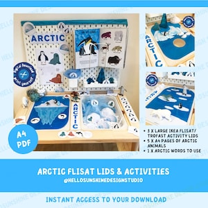 Può includere: Un tavolo di legno con giocattoli e attività educative a tema artico. Include tappetini blu e bianchi, figurine di animali e materiali stampati con la parola "Arctic". L'immagine presenta anche il testo "Arctic Flisat Lids & Activities".