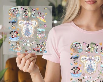 Transfert DTF rétro Disney Mickey et ses amis, château familial assorti prêt à imprimer, famille Disney, château Magic Kingdom, noeud coquette Disney