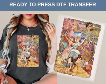 Transfert thermique DTF Princesses Disney, Cendrillon Belle, Ariel, Raiponce, jasmin aurore, blanche-neige, chemise de conte de fées vintage imprimé style, t-shirt Disney