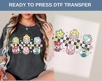 Super Mario Characters DTF Transfer, Mario Luigi Princess Peach Yoshi Toad Retro Star Checkerboard Gaming Cartoon Shirt Print, Disney Tee