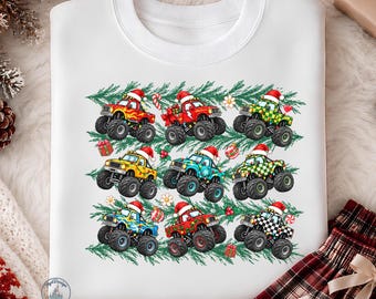 Christmas Monster Truck DTF Transfer, Holiday Off Road Trucks, Santa Hats, Boys Xmas Gift, Festive Truck Iron On, Winter Racing Fun for Kids