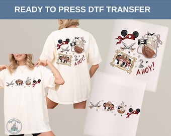 Transfert par presse à chaud Mickey DTF pirate - impression de chemise pirate Disney, conception de bateau de tête de mort de dessin animé, t-shirt de fête d'enfants, cadeau prêt pour la presse rapide, t-shirt Disney