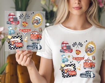 Lot de transferts DTF Cars, Lightning McQueen Mater prête à imprimer, feuille de transfert Cars Disney, DTF Piston Cup Race, chemise Cars Disneyland Pixar