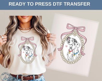 Transfert de chaleur DTF chiens dalmatien Disney, couple de chiots mignon cadre noeud romantique pour amoureux des chiens cadeau assorti à un style esthétique doux, t-shirt Disney