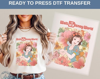 Transfert thermique DTF Disney Blanche-Neige, impression de chemise de dessin animé floral vintage princesse Walt Disney World, style fille mignonne de conte de fées, t-shirt Disney