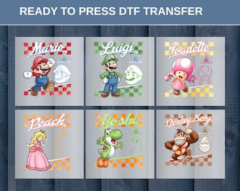Ensemble de transfert à chaud Mario Characters DTF, prêt à presser Mario Luigi Peach Yoshi Donkey Kong Bowser Bowser Jr Toadette Daisy, t-shirt Disney