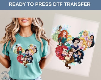 Transfert thermique DTF Princesses Disney, cadeau chemise Ariel Belle, blanche-neige, Cendrillon, aurore jasmin, Raiponce, Tiana Merida Pocahontas, t-shirt Disney