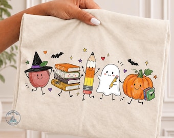 Lovely Halloween DTF Transfer, Spooky School Graphic, Ghost Pumpkin Pencil Books, Teacher Gift, Fall Classroom Print, Ready To Press Iron On