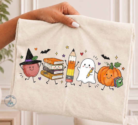 Lovely Halloween DTF Transfer, Spooky School Graphic, Ghost Pumpkin Pencil Books, Teacher Gift, Fall Classroom Print, Ready To Press Iron On