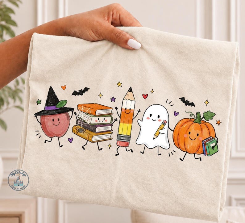 Pu&ograve; includere: Un articolo in tessuto color crema con una stampa a cartoni animati colorata che raffigura una mela sorridente con un cappello da strega, una pila di libri con una ragnatela, una matita, un fantasma con una matita e una zucca con un libro, e pipistrelli.