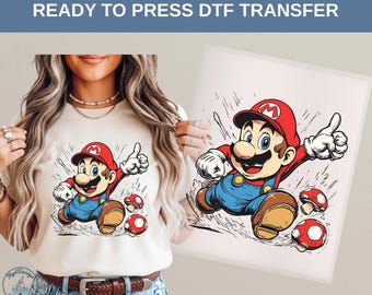 Super Mario Running DTF Heat Transfer, Personnage de jeu rétro, Saut d'action, Graphiques de dessin animé, Cadeau d'anniversaire pour enfant, Tenue de soirée gaming