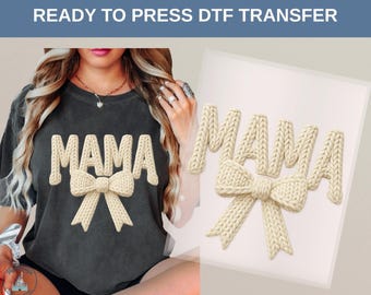 Mama Knit Bow DTF Heat Transfer, Cozy Mom Design, Soft Handmade Style, Mothers Day Gift Idea, Cute Aesthetic Mom Shirt Outfit Trend