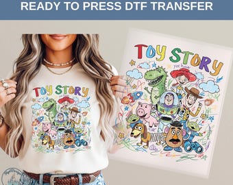 Disney Toy Story DTF Transfer, Woody Buzz Lightyear Jessie Rex Cartoon Shirt, Retro Pixar Friends Tee, Kids Birthday Gift Fun, Disney Tee