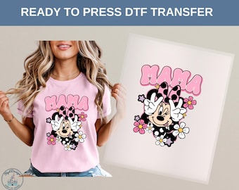 Minnie Mama DTF Heat Transfer, Cute Disney Mom Design,Peace Sign Minnie Style, Floral Cartoon Mom Gift, Trendy Family Outfit Idea,Disney Tee