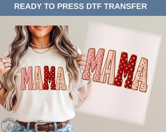 Mama Heart Pattern DTF Heat Transfer, Cute Mom Design, Valentine Style Patchwork Letters, Mother Day Gift Idea, Cozy Love Theme Outfit