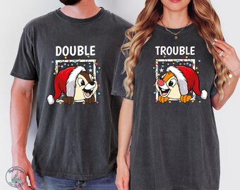 Disney Chip Dale Trouble Double DTF Transfer, Christmas Santa Hat Squirrel Duo, Ready To Press Heat Transfer Print Bundle, Disney Tee