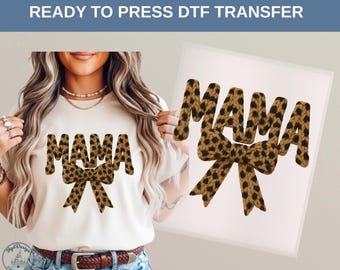 Mama Leopard Knit Bow DTF Heat Transfer, Trendy Mom Outfit Design, Cozy Stylish Look, Mothers Day Gift Idea, Fashionable Mom Shirt, Mom Tee