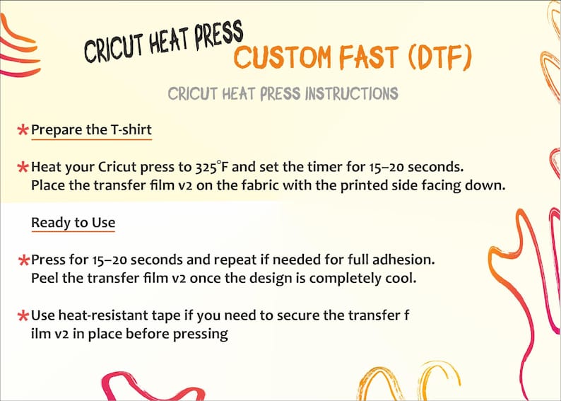 Op de afbeelding: Instructies voor het gebruik van een Cricut hittepers voor aangepaste DTF (Direct to Film) transfers. De gids bevat stappen voor het voorbereiden van het t-shirt, het verwarmen van de pers tot 163&deg;C en het persen gedurende 15-20 seconden. Het vermeldt ook het gebruik van hittebestendige tape.