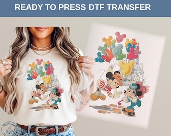 Transfert DTF Disney Mickey Minnie, chemise château ballon vintage, t-shirt classique pour couple familial Disney, Magic Kingdom Vibes, style amoureux WDW