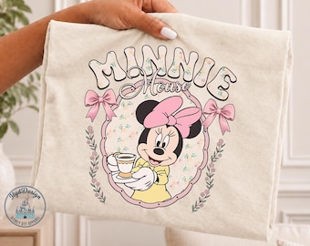 Retro Minnie Mouse Coffee Shirt, Coquette Disney Bow Tea Lover Tee Cute Disney Mom Gift Cozy Morning Sweatshirt, Disney Tee